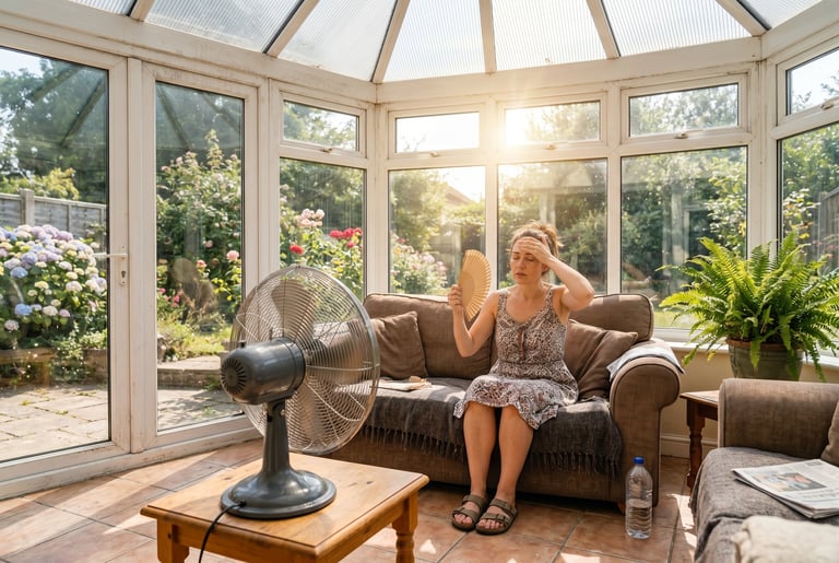 Woman relaxing in a sunroom with large windows overlooking a garden