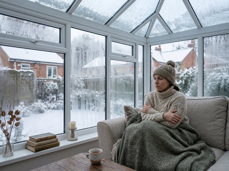 Person sitting on a couch with a cat by a snowy window