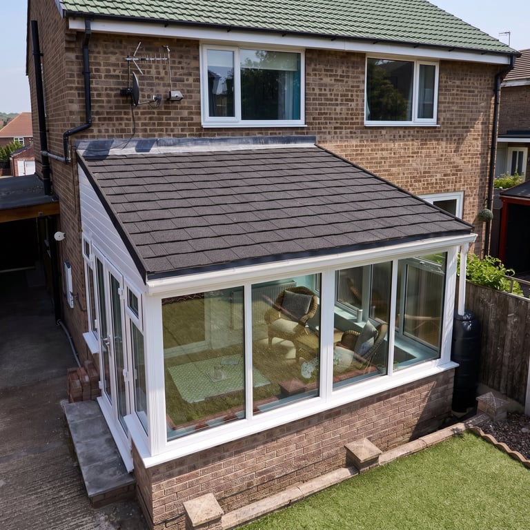 Modern brick house extension with white-framed glass conservatory and dark slate roof, attached to residential property